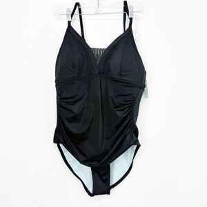 DSG ZOE Ebony Black Ruched Side Mesh V One Piece Bathing Suit Swimsuit NEW